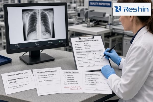 An image showing five warning signs in a medical display FAI process, including wrong baseline, sample mistaken as first article, informal deviation, incomplete checklist, and undefined change response