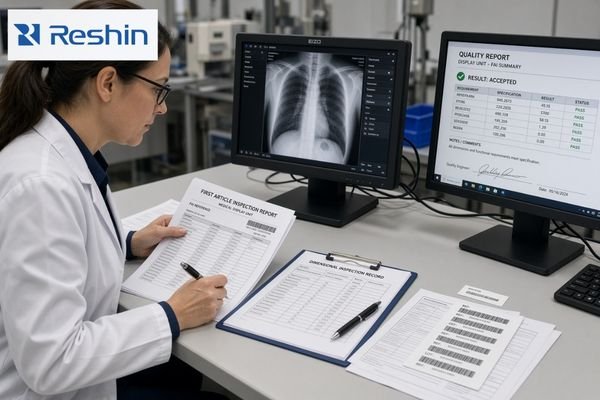 An image showing a medical display first article inspection report connecting the inspected unit, approved requirement, verification result, deviation record, and pilot production release decision
