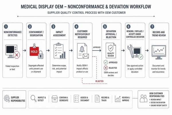 A quality workflow diagram for medical display OEM production showing nonconformance detection, containment, impact assessment, OEM notification, deviation approval, disposition, and final record review