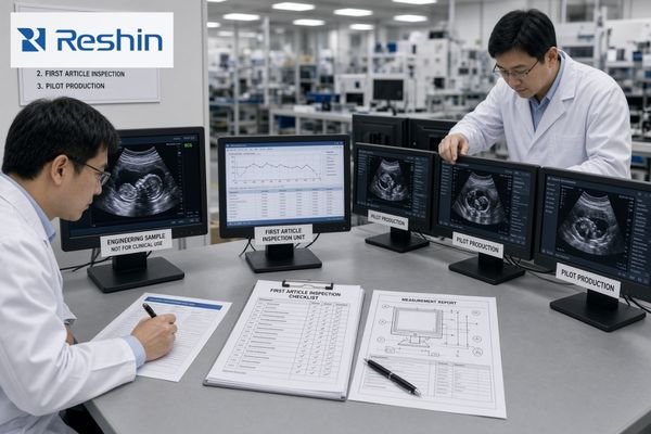 An image showing three connected stages for a medical display OEM project: engineering sample, first article inspection, and pilot production, each with a different quality question