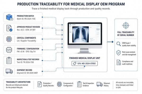 A medical display traceability diagram showing how a finished unit serial number can be linked back to the production batch, product revision, critical components, firmware configuration, inspection records, and shipment information