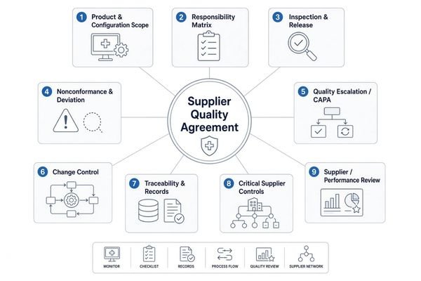 An infographic showing the nine core areas of a medical display Supplier Quality Agreement: configuration scope, responsibilities, inspection, nonconformance, CAPA, change control, traceability, critical supplier control, and supplier performance review