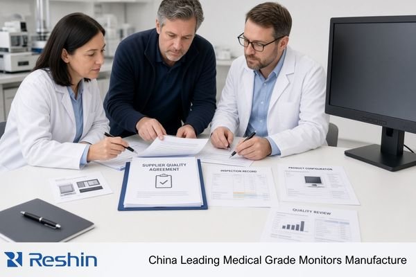 An OEM medical equipment quality team and a medical display supplier reviewing an approved product configuration, inspection requirements, quality responsibilities, and supplier agreement documents together