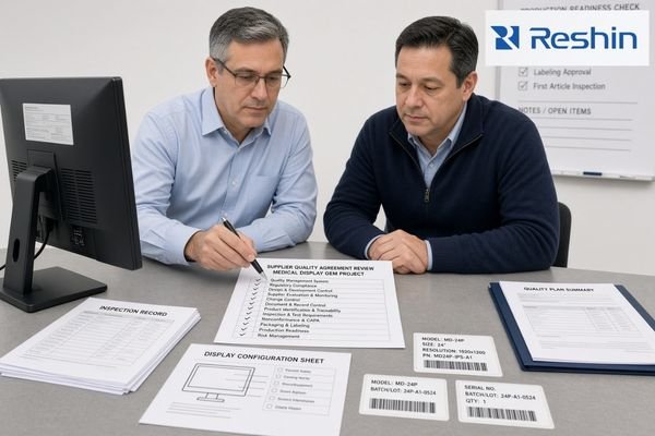 An OEM quality manager, sourcing specialist, and medical display supplier reviewing a Supplier Quality Agreement checklist together with a medical display sample, inspection records, configuration documents, and production quality evidence