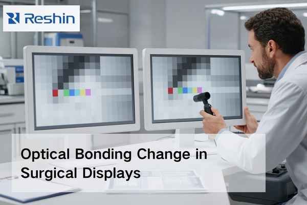 Engineer comparing frame-bonded and fully bonded surgical displays during OEM revalidation