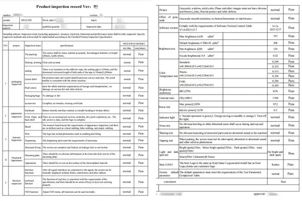 Redacted MS321PB 4K surgical display inspection record showing brightness, uniformity, contrast and final pass results
