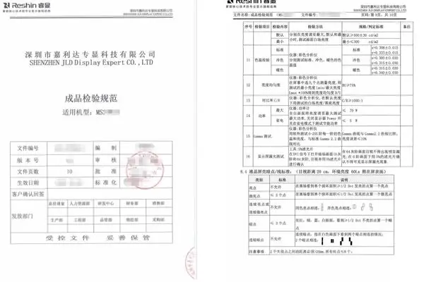 Redacted customized medical display inspection specification showing appearance, interface, function and performance criteria