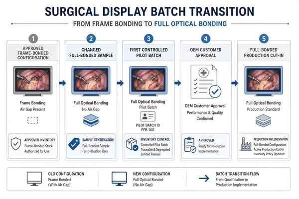 A controlled batch transition diagram showing the approved frame-bonded configuration, changed sample, pilot batch, customer approval and full-bonded production cut-in