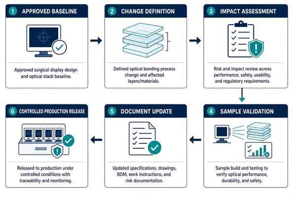 A controlled workflow showing approved surgical display baseline, change definition, impact assessment, sample validation, document update and production release