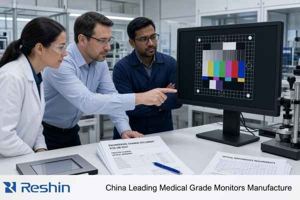 An OEM engineering team reviewing an optical bonding process change on a surgical display, with a bonded display sample, optical inspection equipment and controlled change documents visible