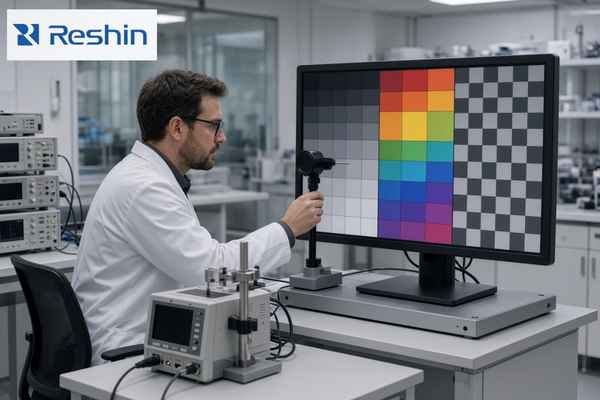 An engineer inspecting a bonded surgical display for luminance, surface defects, edge bonding and viewing-angle consistency using controlled test images