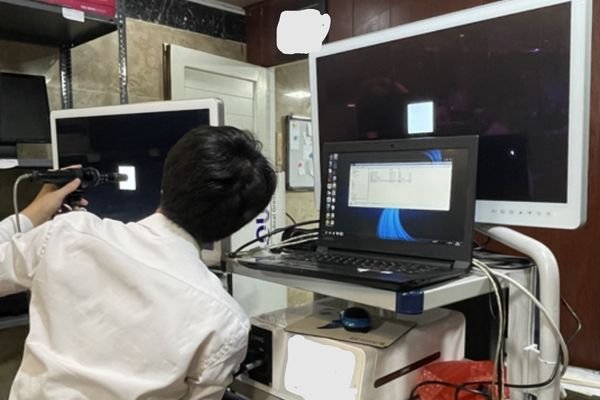 Surgical monitor undergoing system-side engineering testing within an endoscopy integration environment