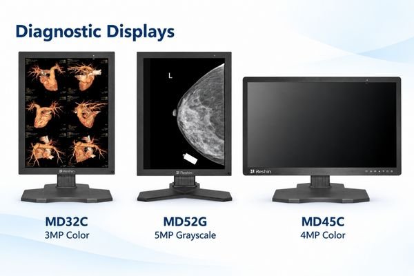 Reshin MD32C, MD52G and MD45C diagnostic displays arranged side by side with model names
