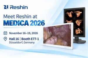 Reshin MEDICA 2026 invitation featuring MS323PA surgical and MD32C diagnostic displays