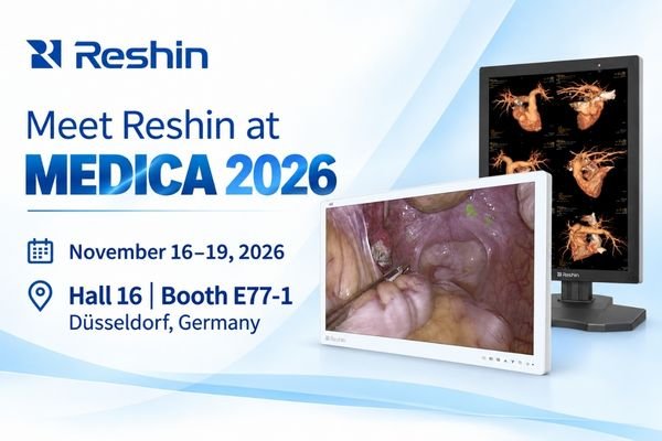 Reshin MEDICA 2026 invitation featuring MS323PA surgical and MD32C diagnostic displays