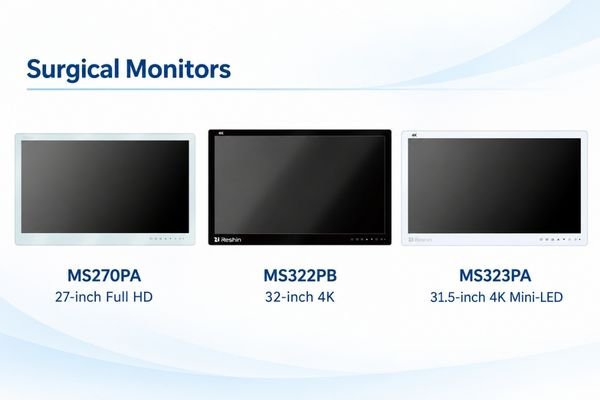 Reshin MS270PA, MS322PB and MS323PA surgical monitors arranged side by side with model names